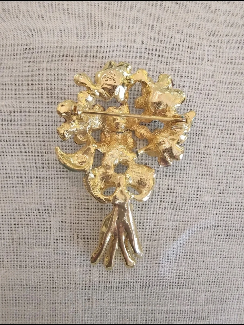 Vintage Gold Tone Enamel Flower Bouquet Brooch/Pin w Faux Pearls & Rhinestones